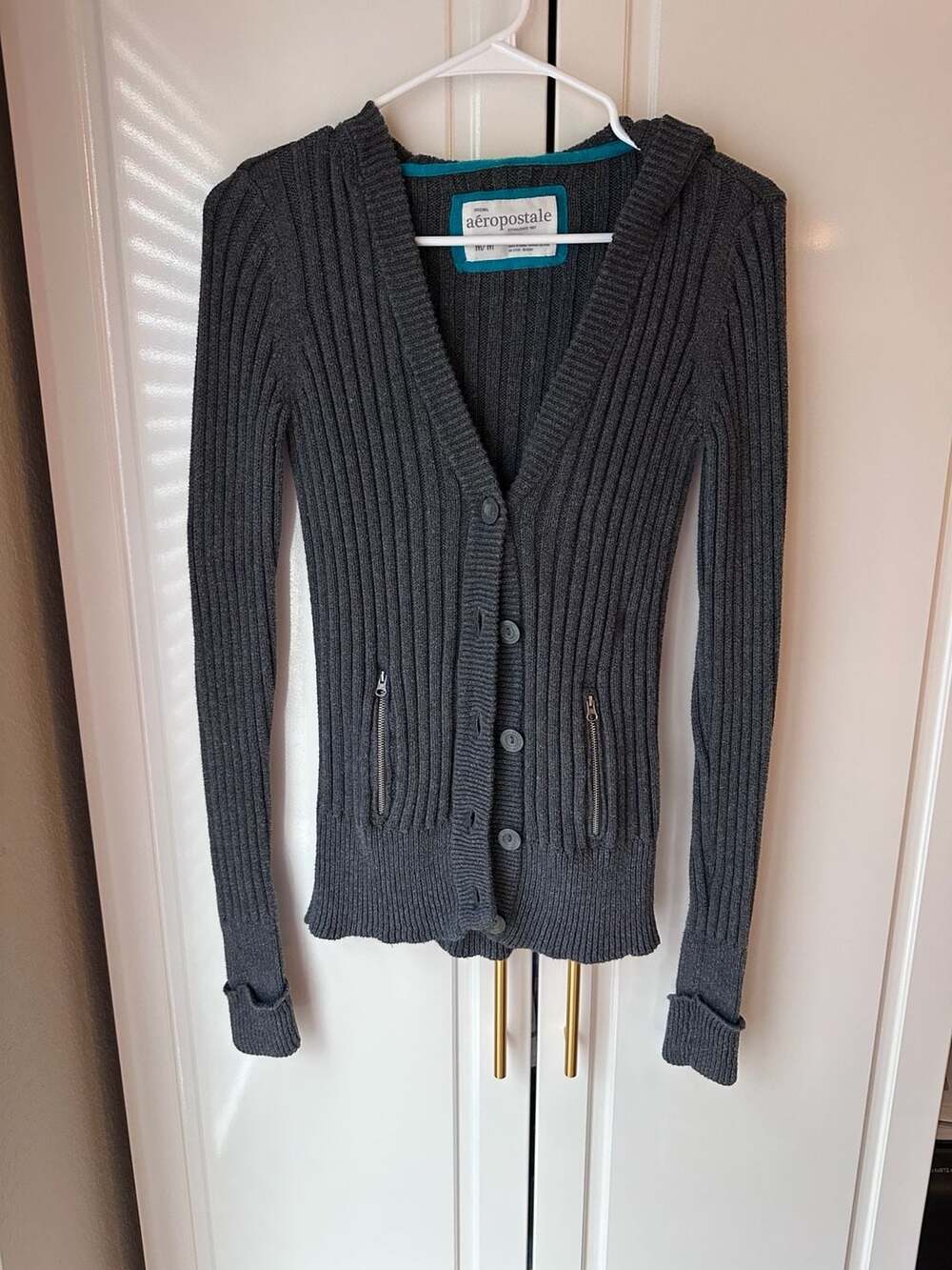Aeropostale Ribbed Knit Hooded Cardigan Size M Gray Button Zip Pockets